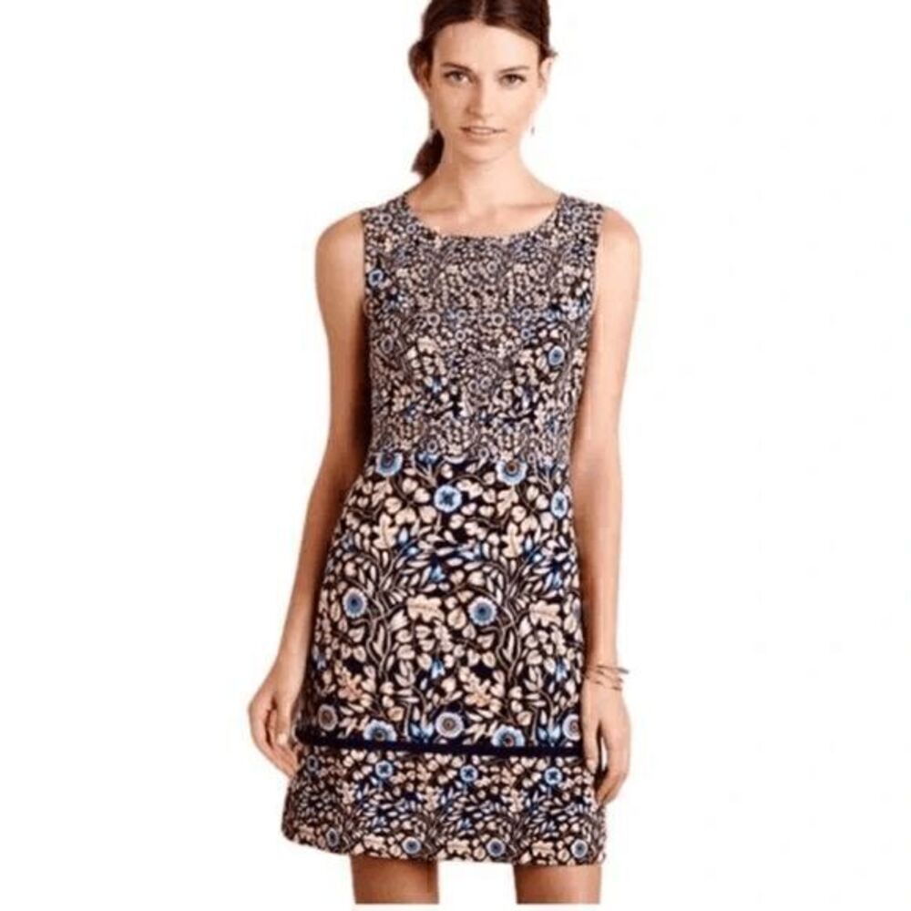 Anthropologie Black, Blue and Cream Floral Midi Dress